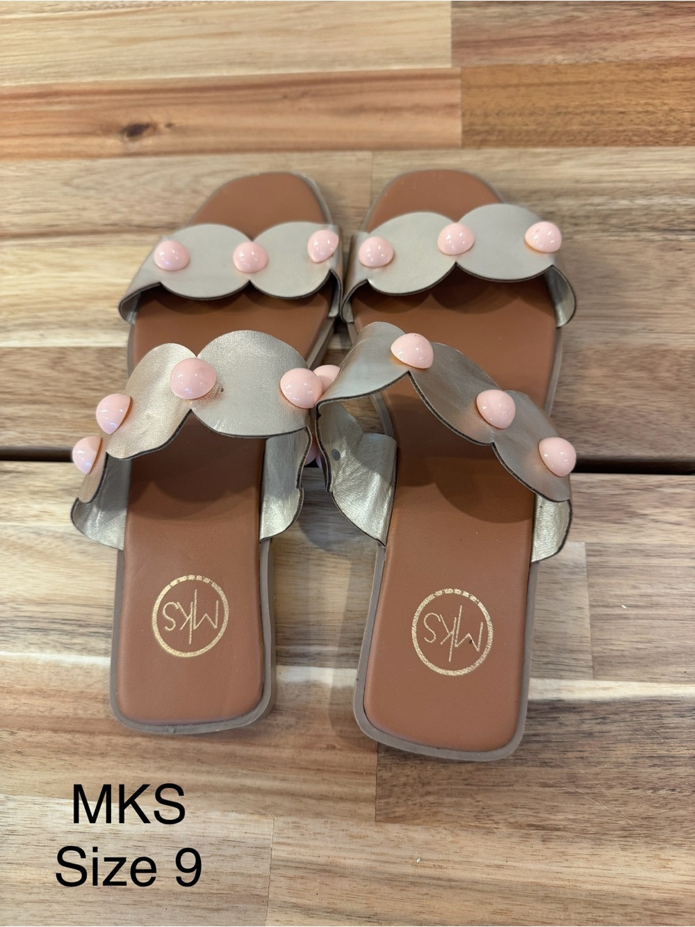 MKS  Metallic Silver Slide Sandals with Pink Dome Accents